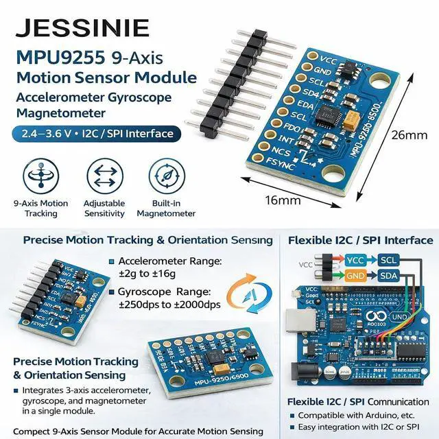 Alt view image 6 of 6 - MPU9255 9Axis Motion Sensor Module, Accelerometer Gyroscope Magnetometer, 2.43.6 V, I2C SPI Interface