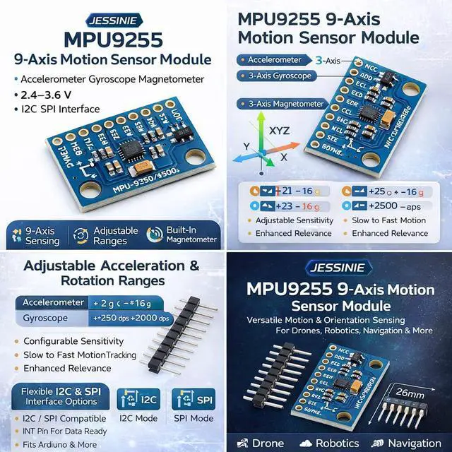Alt view image 5 of 6 - MPU9255 9Axis Motion Sensor Module, Accelerometer Gyroscope Magnetometer, 2.43.6 V, I2C SPI Interface