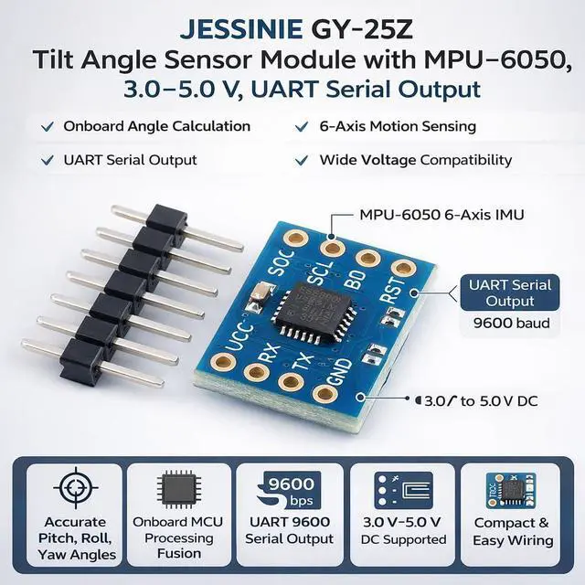 Alt view image 4 of 7 - GY25Z Tilt Angle Sensor Module with MPU6050, 3.05.0 V, UART Serial Output