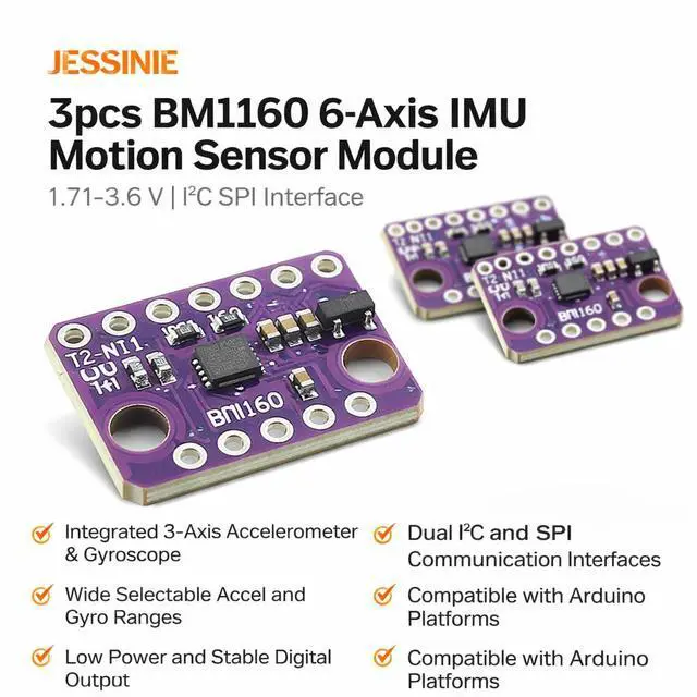 Alt view image 4 of 6 - 3pcs BMI160 6Axis IMU Motion Sensor Module, 1.713.6 V, I2C SPI Interface