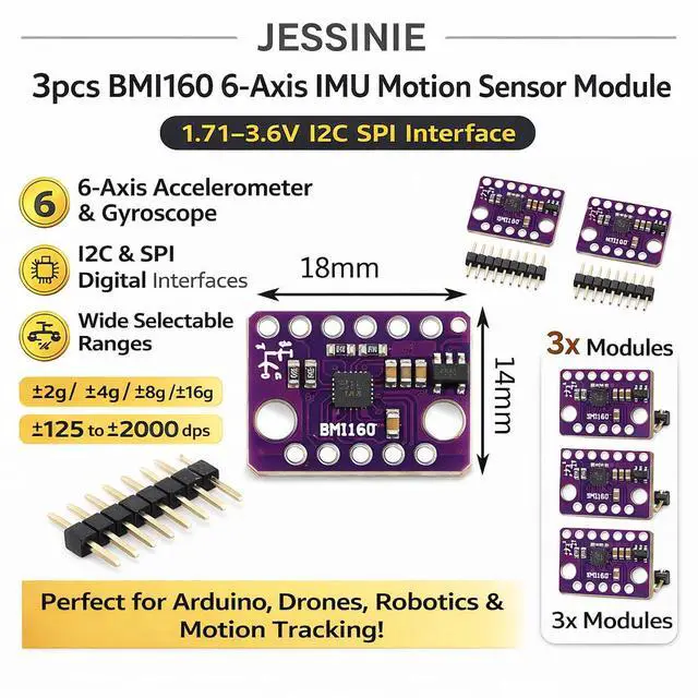 Alt view image 6 of 6 - 3pcs BMI160 6Axis IMU Motion Sensor Module, 1.713.6 V, I2C SPI Interface