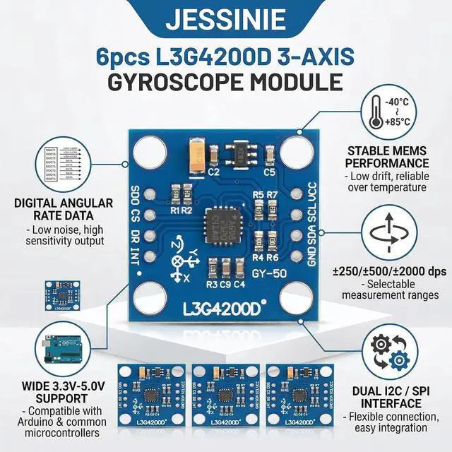 Alt view image 3 of 5 - 6pcs L3G4200D 3Axis MEMS Gyroscope Sensor Module, 3.35 V, I2C SPI Interface