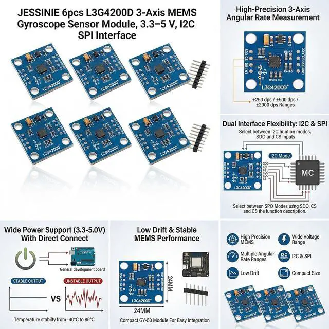 Alt view image 4 of 5 - 6pcs L3G4200D 3Axis MEMS Gyroscope Sensor Module, 3.35 V, I2C SPI Interface
