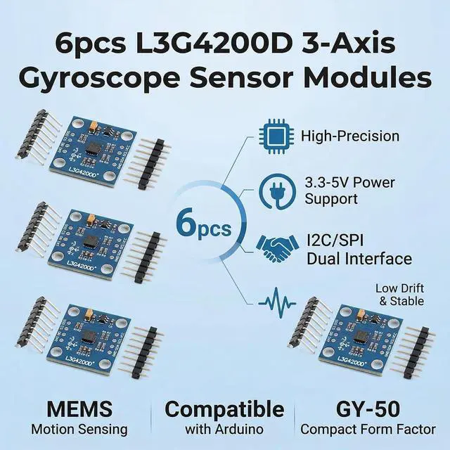 Alt view image 5 of 5 - 6pcs L3G4200D 3Axis MEMS Gyroscope Sensor Module, 3.35 V, I2C SPI Interface