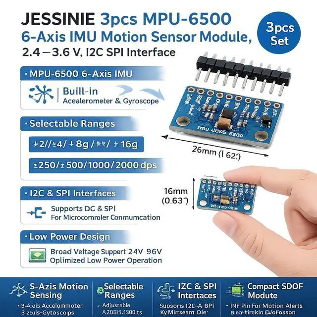 Alt view image 6 of 6 - 3pcs MPU6500 6Axis IMU Motion Sensor Module, 2.43.6 V, I2C SPI Interface