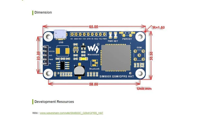 Alt view image 7 of 7 - GSM/GPRS/Bluetooth 3.0 HAT for Raspberry Pi 2B/3B/3B+/Zero/Zero W Based on SIM800C Support SMS Data Transfer ect