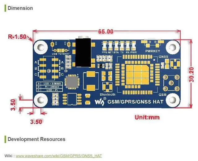 Alt view image 6 of 7 - GSM/GPRS/GNSS/Bluetooth HAT for Raspberry Pi 2B/3B/3B+/Zero/Zero W Based on SIM868 Support SMS Data Transfer ect.