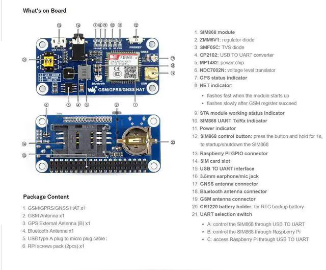 Alt view image 7 of 7 - GSM/GPRS/GNSS/Bluetooth HAT for Raspberry Pi 2B/3B/3B+/Zero/Zero W Based on SIM868 Support SMS Data Transfer ect.
