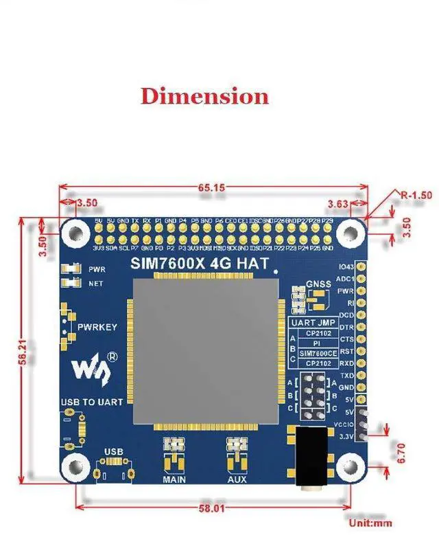 Alt view image 6 of 7 - 4G/3G/2G/GSM/GPRS/GNSS HAT Module for Raspberry Pi /4B/3B+3B/2B/Zero/Zero W/Zero WH/Jetson Nano Based on SIM7600G-H Support LTE CAT4 up to 150Mbps for Downlink Data Transfer,the Global Version