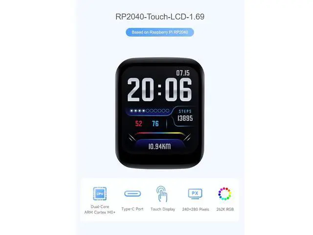 Alt view image 2 of 7 - RP2040 Microcontroller Development Board with 1.69inch Touch LCD 240×280 Pixels 262K RGB Color Display, Based on Raspberry Pi RP2040,Accelerometer and Gyroscope Sensor
