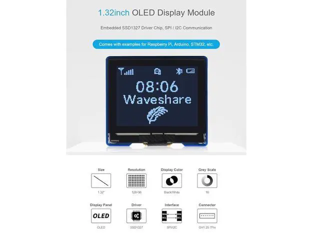 Alt view image 3 of 7 - 1.32inch OLED Display Module, 128x96 Pixels 16 Gray Scale OLED Display,Compatible with Raspberry Pi/Arduino/STM32,SPI/I2C Interface,SSD1327 Driver