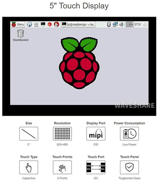 Alt view image 3 of 7 - Compatible with Raspberry Pi Touchscreen 5inch DSI LCD Touch Screen 800×480 Resolution TFT LCD Display Monitor for Raspberry Pi Model 4B/3B+/3A+/3B/2B/B+/A+,CM3/3+