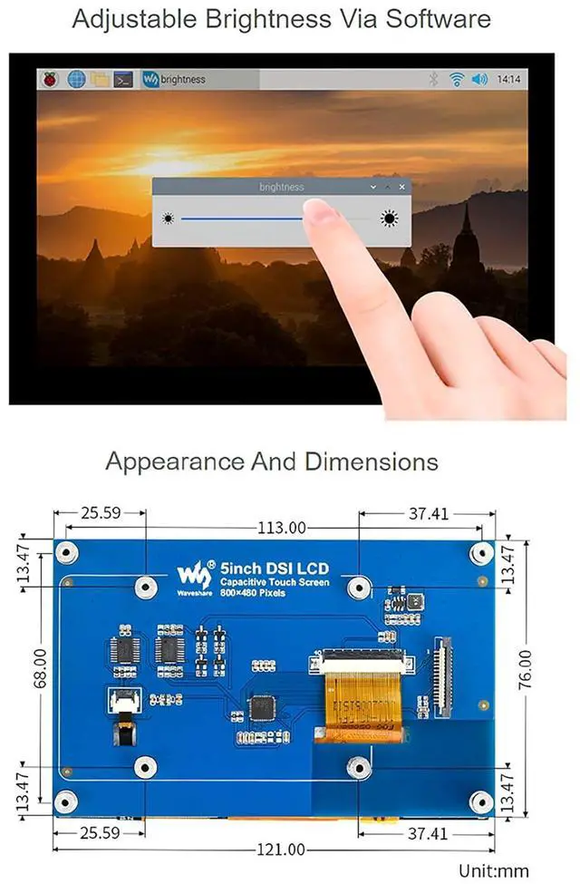 Alt view image 5 of 7 - Compatible with Raspberry Pi Touchscreen 5inch DSI LCD Touch Screen 800×480 Resolution TFT LCD Display Monitor for Raspberry Pi Model 4B/3B+/3A+/3B/2B/B+/A+,CM3/3+
