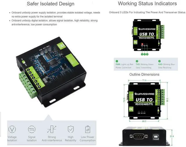 Alt view image 3 of 7 - USB to RS232/RS485/TTL(UART) Interface Converter Industrial Isolated USB Converter Adapter Adopt Original CH343G Inside,Protection Circuits,Stable Transmission,Multiple Devices Applicable
