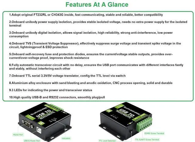 Alt view image 6 of 7 - USB to RS232/RS485/TTL(UART) Interface Converter Industrial Isolated USB Converter Adapter Adopt Original CH343G Inside,Protection Circuits,Stable Transmission,Multiple Devices Applicable