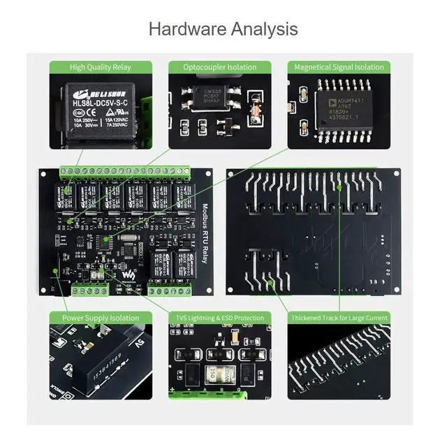 Alt view image 4 of 7 - Industrial Modbus RTU 8 Channel Relay Module 5V with RS485 Interface Build-in Power Isolation, ADI Magnetical Isolation, TVS Diode Multi Isolation Protection Circuits