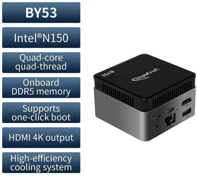 Alt view image 3 of 7 - BY53 Windows 11 Mini Pc, Intel N150(up to 3.6GHz),LPDDR5 12GB RAM, M.2 2242 SSD(Up to 1TB), with HDMI2.0 4K Output, WiFi/BT, Supports One-Click Boot (12GB RAM,256GB SSD)