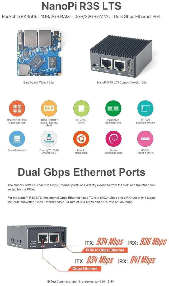 Alt view image 4 of 7 - NanoPi R3S-LTS RK3566 Dual GbE 2GB RAM 4K HD MI Output USB 3.0 - Perfect for Home Server/Network Storage/Soft Router (Single Board Kit, 2GB RAM + 32GB eMMC)