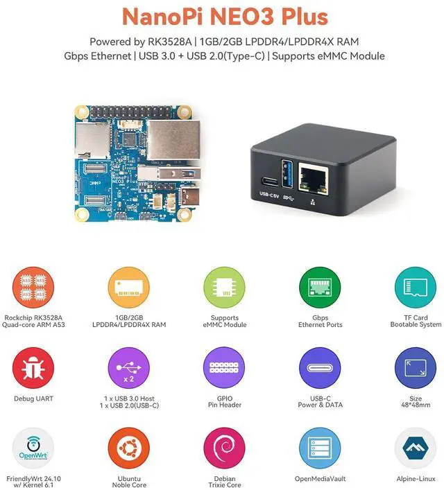 Alt view image 4 of 7 - FriendlyElec NanoPi NEO3 Plus RK3528A Mini Router Single Board Computer, Gigabit Ethernet,USB 3.0, Support eMMC/OpenWrt for IoT NAS Smart Home (Bare Board,1 GB RAM,with 64GB eMMC)