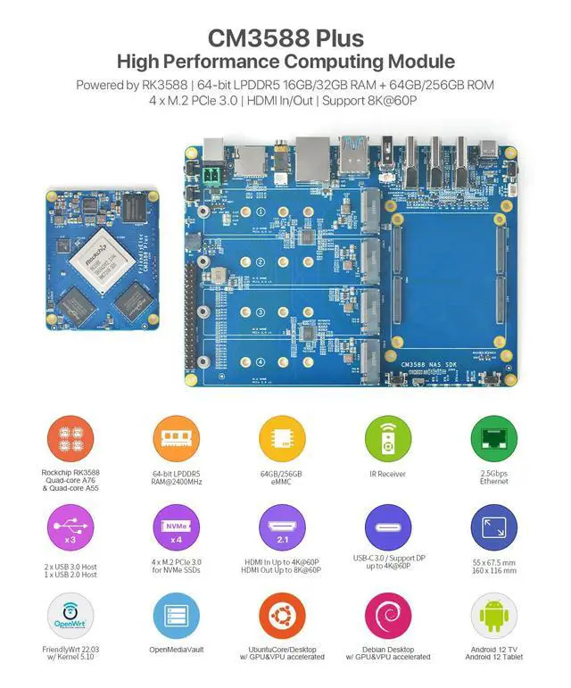 Alt view image 3 of 7 - CM3588 Plus Mini NAS Platform, up to 8K Video, RK3588,OpenMediaVault fit,32GB LPDDR5, 4 x M.2 PCIe3.0 Socket, NAS Solutions, Home Server,Local Cloud Storage (NAS Carrier Board)