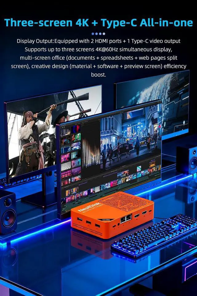 Alt view image 3 of 7 - NestDisk Mini PC NAS, 4-Bay NVMe SSD, N150 Quad-Core 12GB DDR5, Dual 2.5GbE, Triple 4K@60Hz HDMI & USB-C, Personal Cloud Router Barebone (Orange,12GB+64GB(eMMC),Single USB Fan)