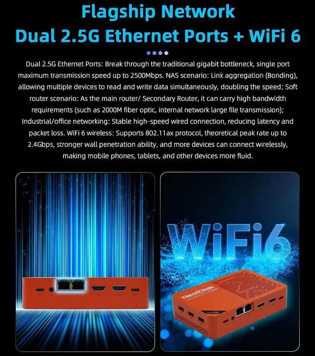 Alt view image 7 of 7 - NestDisk Mini PC NAS, 4-Bay NVMe SSD, N150 Quad-Core 12GB DDR5, Dual 2.5GbE, Triple 4K@60Hz HDMI & USB-C, Personal Cloud Router Barebone (Orange,12GB+64GB(eMMC),Single USB Fan)