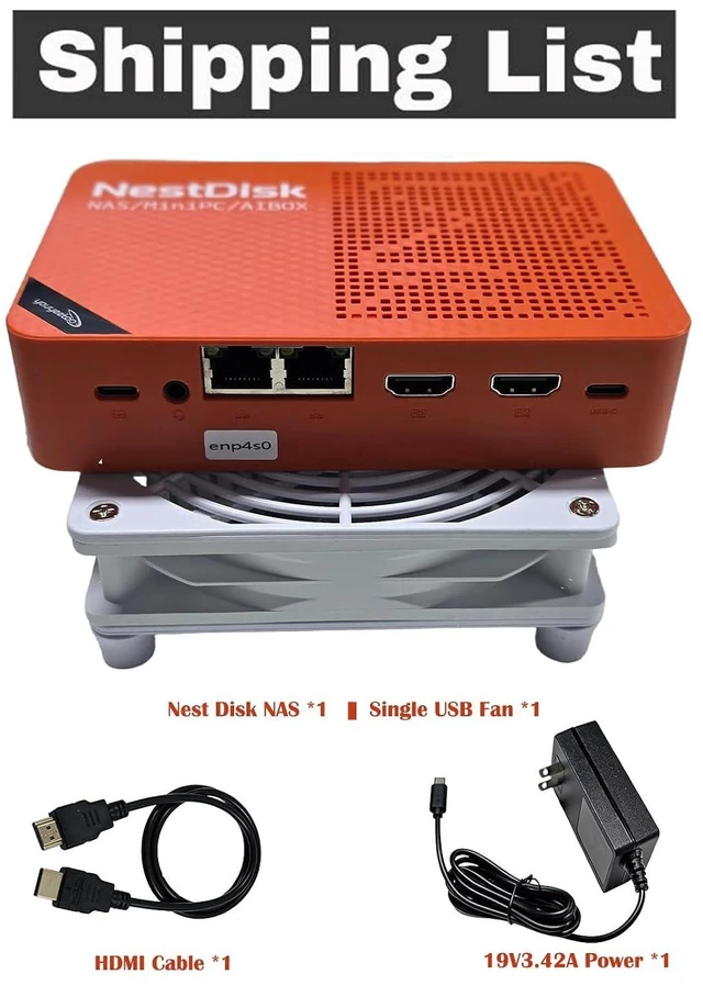 Alt view image 2 of 7 - NestDisk Mini PC NAS, 4-Bay NVMe SSD, N150 Quad-Core 12GB DDR5, Dual 2.5GbE, Triple 4K@60Hz HDMI & USB-C, Personal Cloud Router Barebone (Orange,12GB+64GB(eMMC),Single USB Fan)