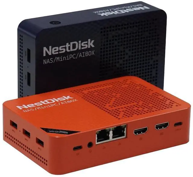 Main image of NestDisk Mini PC NAS, 4-Bay NVMe SSD, N150 Quad-Core 12GB DDR5, Dual 2.5GbE, Triple 4K@60Hz HDMI & USB-C, Personal Cloud Router Barebone (Orange,12GB+64GB+512GB SSD,Dual USB Fan)