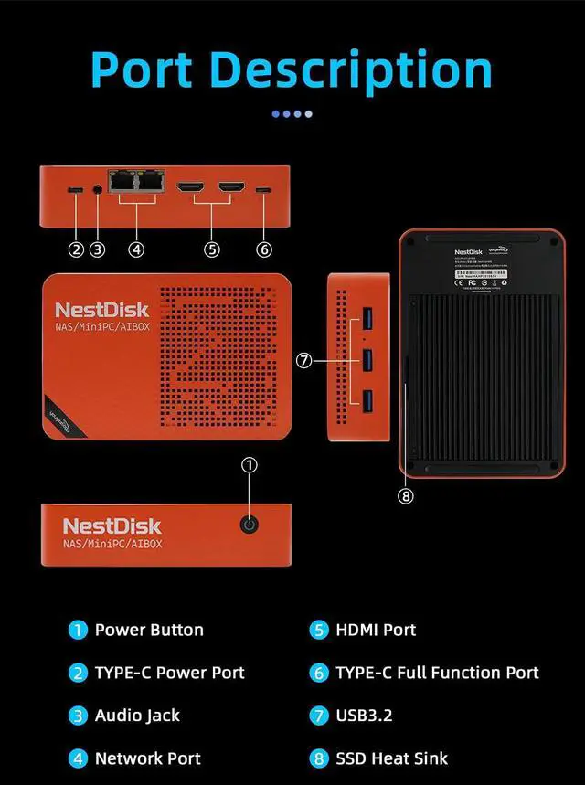 Alt view image 3 of 7 - NestDisk Mini PC NAS, 4-Bay NVMe SSD, N150 Quad-Core 12GB DDR5, Dual 2.5GbE, Triple 4K@60Hz HDMI & USB-C, Personal Cloud Router Barebone (Orange,12GB+64GB+512GB SSD,Dual USB Fan)