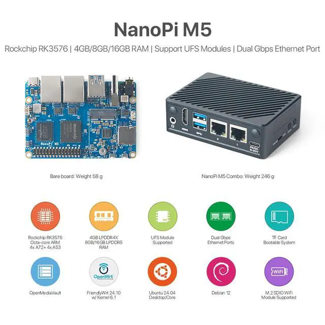 Alt view image 5 of 7 - Friendlyelec NanoPi M5 - RK3576 SOC, Dual Gigabit Ethernet, 4/8/16GB RAM, UFS, AI Deployment, M.2 SDIO WiFi, 4K@60Hz, OpenMediaVault (LPDDR5 8GB RAM,with Metal Case)