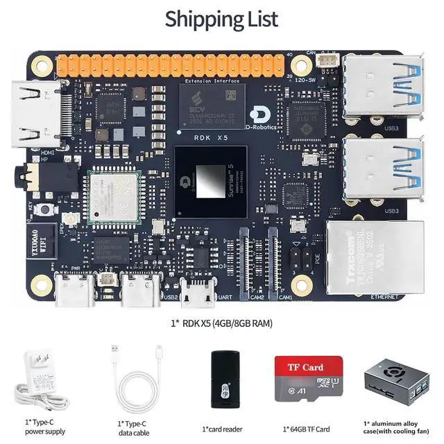 Alt view image 2 of 7 - D-Robotics RDK X5 Development Board - 10 Tops AI, 4GB/8GB RAM, Sunrise 5 Chip, Octa-core Cortex A55, MIPI DSI, HDMI, Wi-Fi 6, Bluetooth 5.4, Ready-to-Use (4GB RAM,Metal Case)