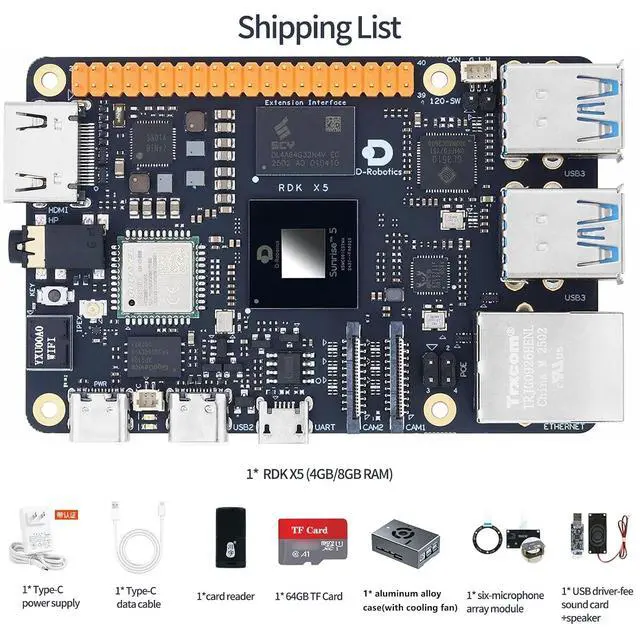 Alt view image 2 of 7 - D-Robotics RDK X5 Development Board - 10 Tops AI, 4GB/8GB RAM, Sunrise 5 Chip, Octa-core Cortex A55, MIPI DSI, HDMI, Wi-Fi 6, Bluetooth 5.4, Ready-to-Use (8GB RAM,6-MIC Array)
