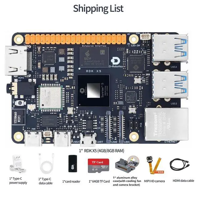 Alt view image 2 of 7 - D-Robotics RDK X5 Development Board - 10 Tops AI, 4GB/8GB RAM, Sunrise 5 Chip, Octa-core Cortex A55, MIPI DSI, HDMI, Wi-Fi 6, Bluetooth 5.4, Ready-to-Use (8GB RAM,Camera Module)