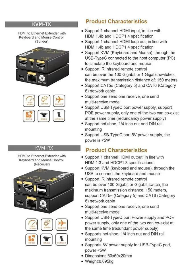 Alt view image 3 of 7 - HD-MI KVM Extender Over Cat5e/Cat6, 1 Transmitter to Multiple Receivers, USB Keyboard Mouse Control, IR Remote, 150m Transmission Distance,Support HDMI 1.4b HDCP 1.4 (KVM-RX+TX)
