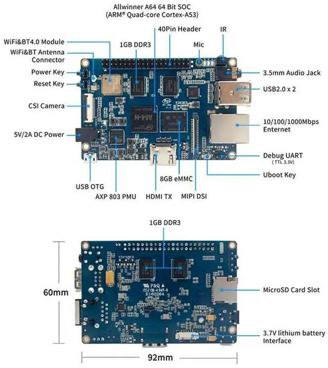 Alt view image 2 of 3 - BPI-M64 64-Bit Quad-Core Mini Single Board Computer 2GB DDR3 SDRAM 8GB eMMC onboard WiFi (AP6212) & Bluetooth Support Android Linux Win 10 IoT