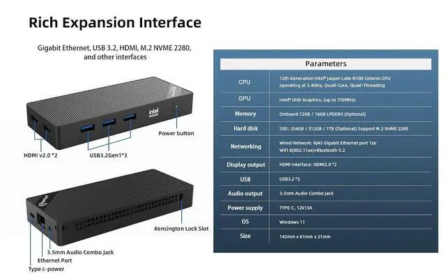 Alt view image 4 of 7 - Mini Computers Windows 11 Pro Preinstalled, Intel Alder Lake-N N100 (up to 3.4GHz) Mini PC with 16GB LPDDR5 RAM 1TB SSD (M.2 NVME 2280) Gift for Business Home Office