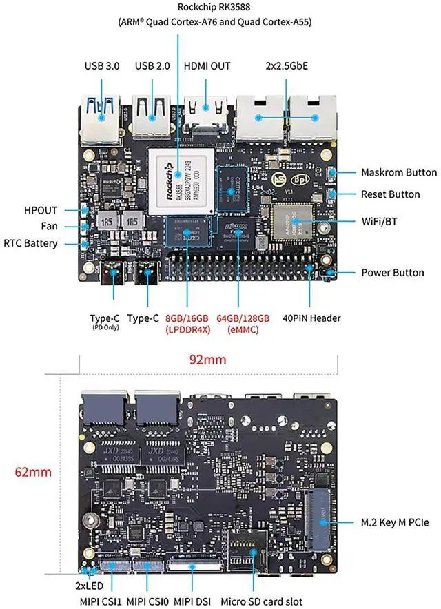 Alt view image 5 of 5 - Banana Pi BPI-M7 Pico-ITX Motherboard RK3588 SBC: 6 Tops NPU AI Accelerator, 8K Video, Dual 2.5G Ethernet, WiFi 6, BT5.2 - Android Linux Support - Ideal for Tinkerers (8+64GB)