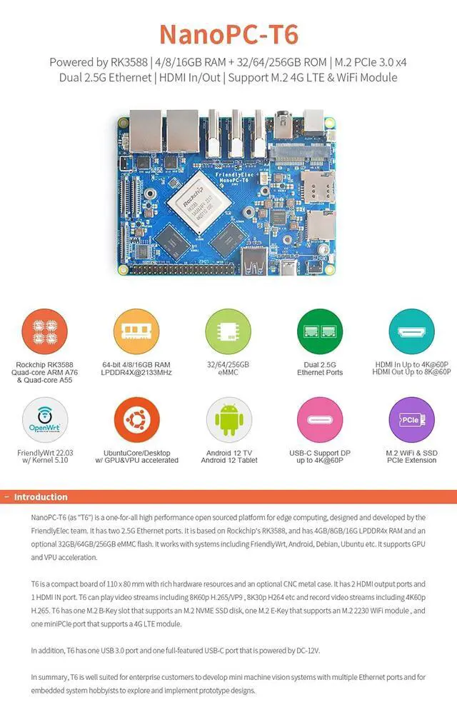 Alt view image 3 of 7 - FriendlyElec NanoPC-T6 Internet Travel Routers Board with Metal case Powered by RK3588, 8GB RAM, Dual 2.5G Ethernet, HDMI in/Out, Support Android Debian (8GB LPDDR4X,64GB eMMC, WiFi Bundle)