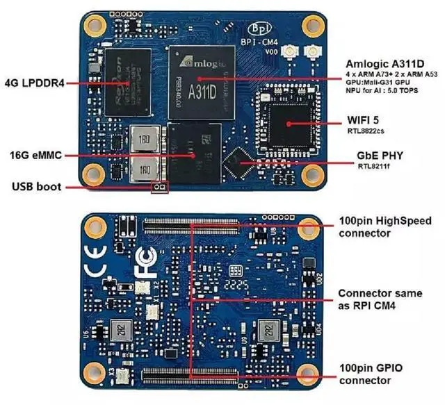 Alt view image 3 of 7 - Banana Pi BPI-CM4,Raspberry Pi CM Compatible, Amlogic A311D Quad Core ARM Cortex-A73, 4G LPDDR4 16G eMMC Onboard WIFI5,Minipcie 26PIN Run Android Armbian Linux (BPI-CM4 + BPI-CM4IO)