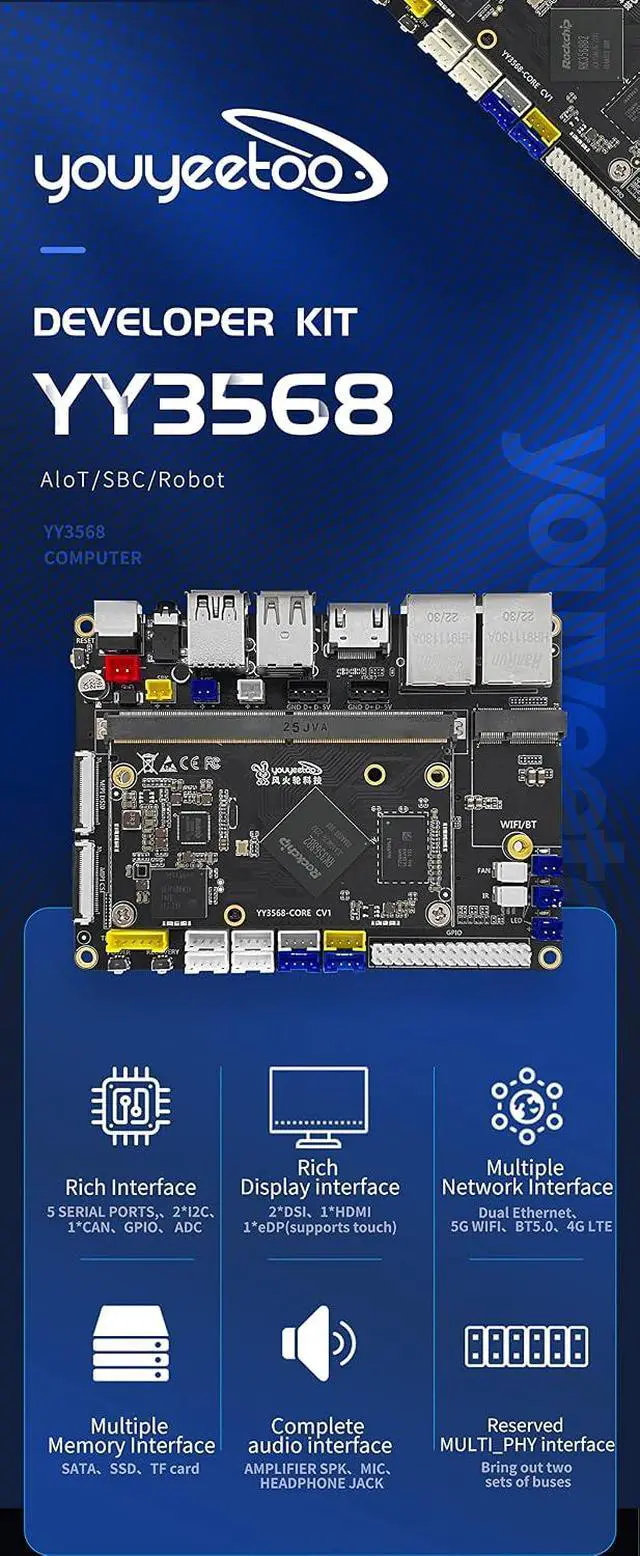 Alt view image 4 of 7 - Dual GbE Low Power Arm Mainboard - YY3568 Basic Rockchip RK3568 - Support SATA 3.0, PCIe 3.0 SSD, USB Host x6 - Up to 4K@60Hz Video Output - AIoT Control/NAS/Single Board Computer (Kit C)