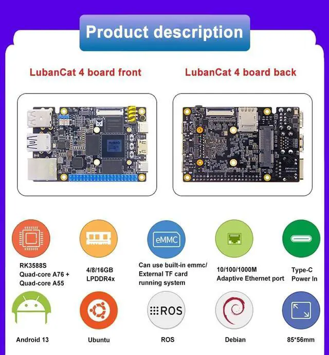 Alt view image 6 of 7 - Lubancat 4 Mini PC RK3588S2 Development Board: 4/8/16GB LPDDR4 RAM, 6T NPU, Gigabit Ethernet, 8K Codec, Raspberry Pi 5 Alternative (4G+32G,Basic Power Package)