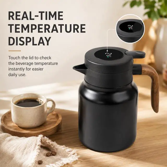 Alt view image 2 of 7 - Insulated Coffee Carafe 1000ml, Thermal Coffee Carafe with Temperature Display and Tea Infuser, Carafe for Hot Water, Coffee, Milk, Juice, Office, Travel, Camping (Matte Black)