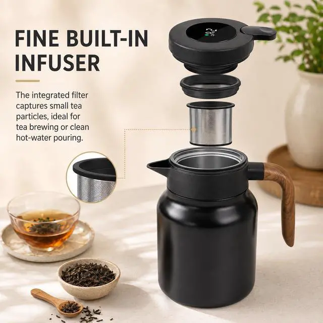 Alt view image 4 of 7 - Insulated Coffee Carafe 1000ml, Thermal Coffee Carafe with Temperature Display and Tea Infuser, Carafe for Hot Water, Coffee, Milk, Juice, Office, Travel, Camping (Matte Black)