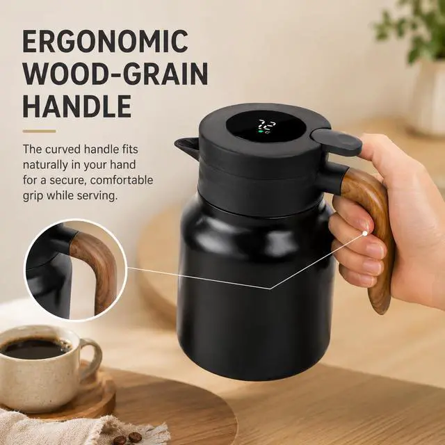 Alt view image 3 of 7 - Insulated Coffee Carafe 1000ml, Thermal Coffee Carafe with Temperature Display and Tea Infuser, Carafe for Hot Water, Coffee, Milk, Juice, Office, Travel, Camping (Matte Black)