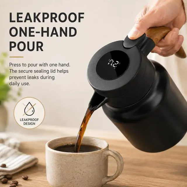 Alt view image 5 of 7 - Insulated Coffee Carafe 1000ml, Thermal Coffee Carafe with Temperature Display and Tea Infuser, Carafe for Hot Water, Coffee, Milk, Juice, Office, Travel, Camping (Matte Black)