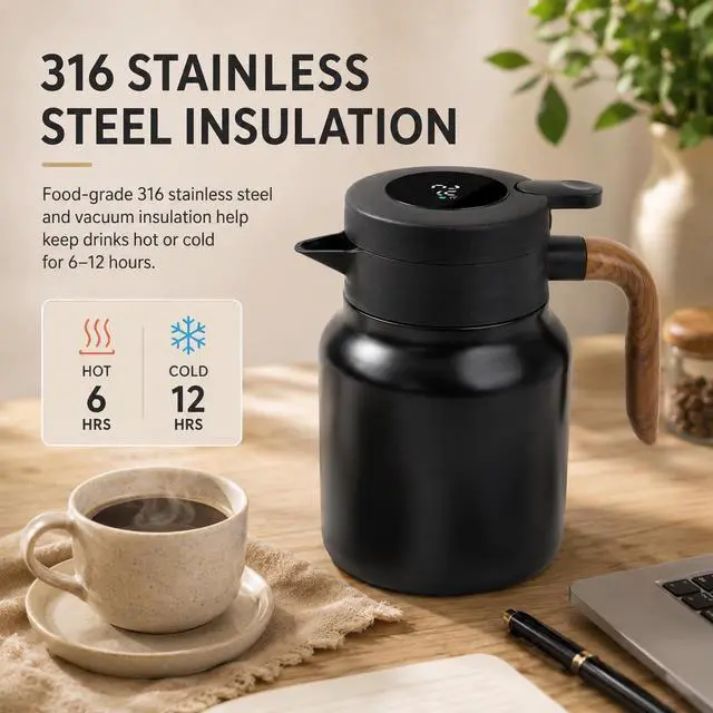 Alt view image 6 of 7 - Insulated Coffee Carafe 1000ml, Thermal Coffee Carafe with Temperature Display and Tea Infuser, Carafe for Hot Water, Coffee, Milk, Juice, Office, Travel, Camping (Matte Black)