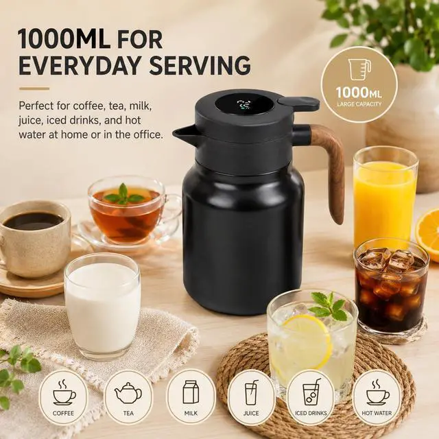 Alt view image 7 of 7 - Insulated Coffee Carafe 1000ml, Thermal Coffee Carafe with Temperature Display and Tea Infuser, Carafe for Hot Water, Coffee, Milk, Juice, Office, Travel, Camping (Matte Black)