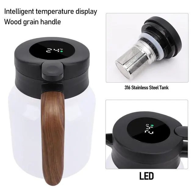 Alt view image 3 of 7 - Insulated Coffee Carafe 1000ml, Thermal Tea Kettle with Temperature Display Tea Infuser, 12 Hour Hot Cold Portable Bottle for Coffee, Milk, Juice, Office, Travel, Camping (White)