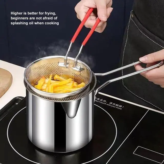 Alt view image 6 of 7 - Small Deep Fryer Pot with Basket Mini Oil Fryer 304 Stainless Steel Anti Scald Handle Design Portable for Home Outdoor Fries Fish Chicken Seafood