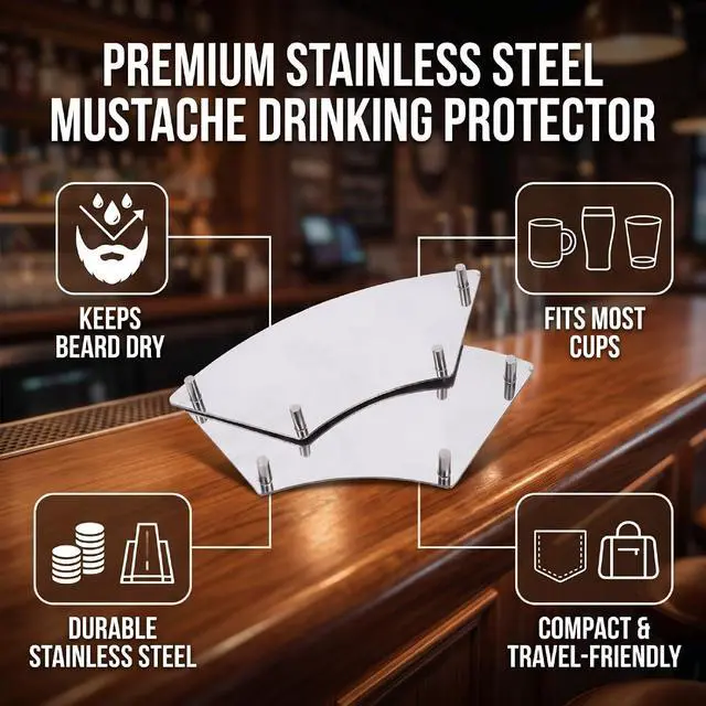 Alt view image 2 of 7 - Portable Drinking Beard Guard 2 Pack | Stainless Steel Mustache Protector for Mugs Glasses Cups Reusable Barrier Keeps Facial Hair Dry While Drinking Coffee Beer